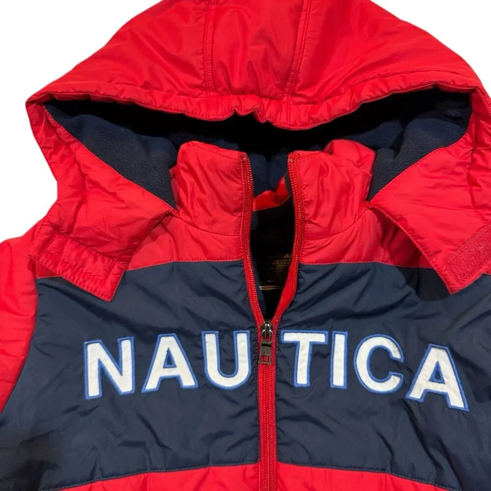 Nautica Kids Puffer Jacket Hooded Winter Coat Red Blue‎ Size L 12/14 Spell Out